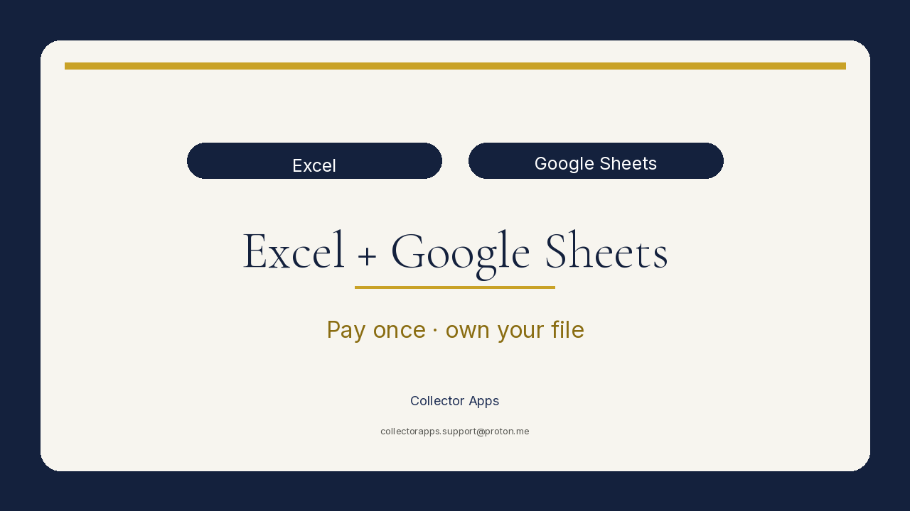 Works in Excel and Google Sheets — pay once, own your file